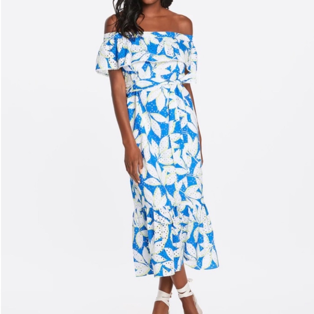 Draper James Off The Shoulder Eyelet Floral Flounce Midi Dress